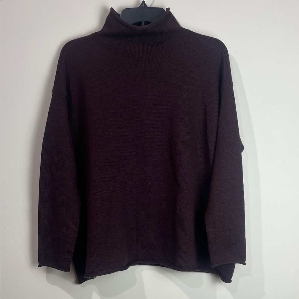 Eileen Fisher Brown Turtleneck Funnel Sweater Casis S M Extra Fine Merino Wool